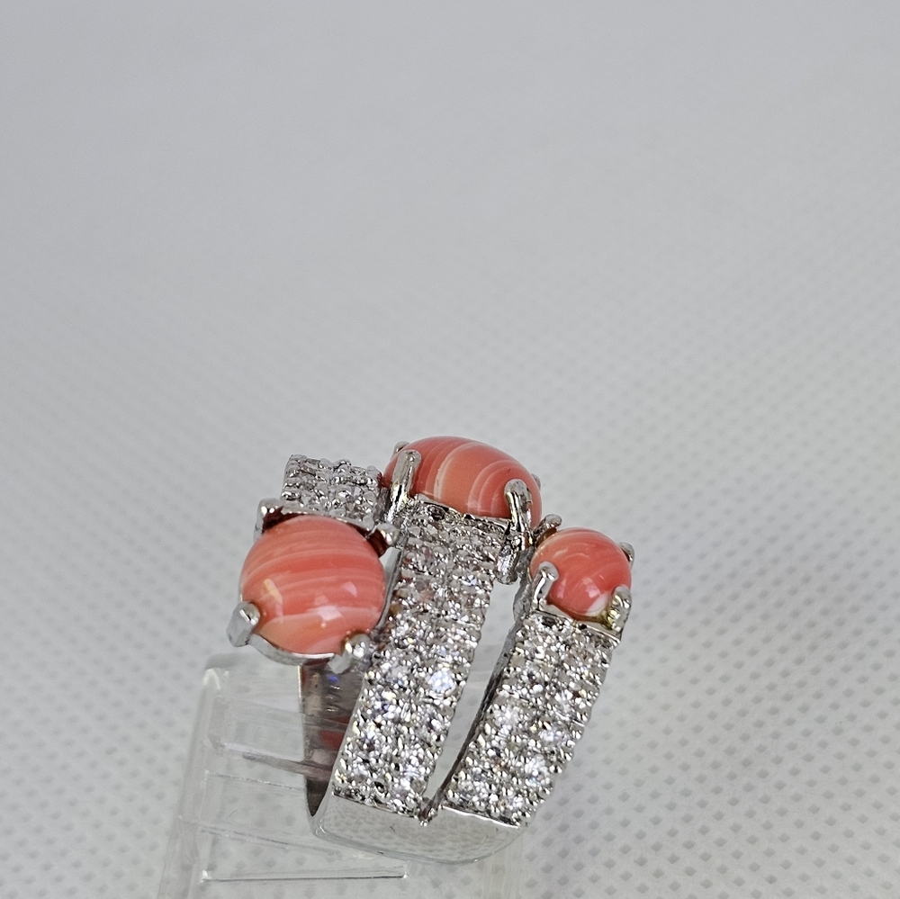 Rare Vintage Genuine Salmon Coral & CZ Wrap Around Ring Sterling Silver Sz 7! - Picture 3 of 9